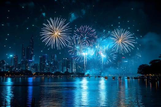 A spectacular image of fireworks illuminating the night sky over a city. Neural network generated in January 2024. Not based on any actual scene or pattern.