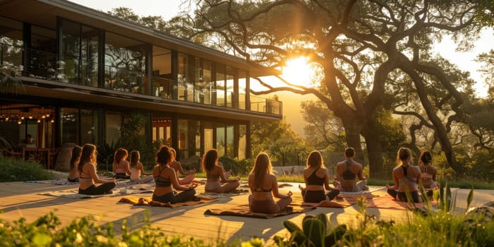 Group of adults attending a yoga class outside in park with natural background.