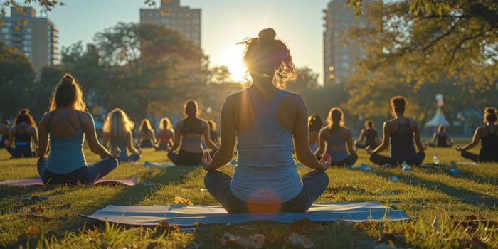 Group of adults attending a yoga class outside in park with natural background.