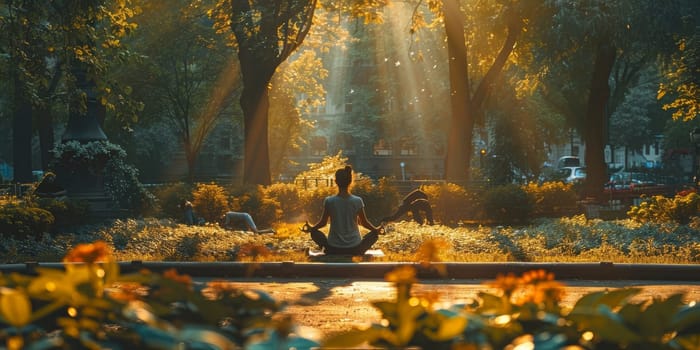 Group of adults attending a yoga class outside in park with natural background.