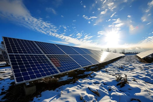 Photovoltaic solar panels in the field at sunny winter day. Neural network generated in January 2024. Not based on any actual scene or pattern.