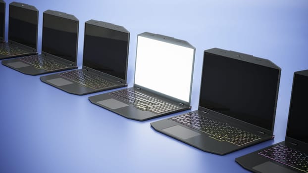 Generic gaming laptop computer with white screen stands out among other laptop PCs. 3D illustration.