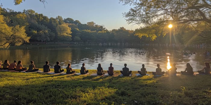 Group of adults attending a yoga class outside in park with natural background.