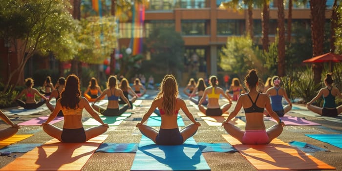 Group of adults attending a yoga class outside in park with natural background.