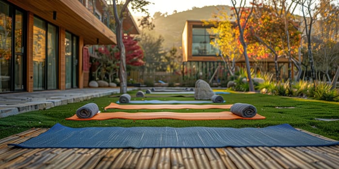 Group of adults attending a yoga class outside in park with natural background.