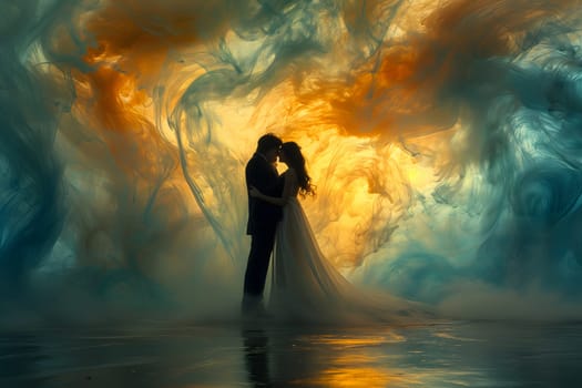 Man and woman embracing in surreal, colorful liquid fantasy dreamscape. Neural network generated image. Not based on any actual person or scene.