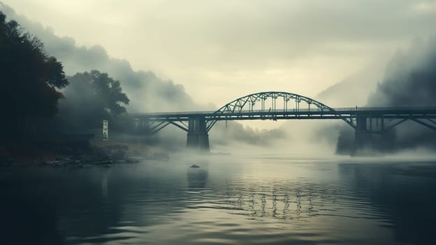 A beautiful bridge with arches over the water in thick morning fog.