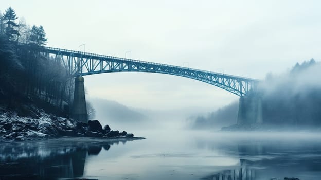 A beautiful large bridge over the river in the fog.