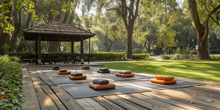 Group of adults attending a yoga class outside in park with natural background.