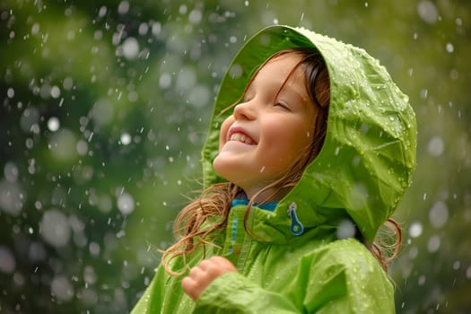 Happy child in green raincoat enjoying rain. Neural network generated image. Not based on any actual person or scene.