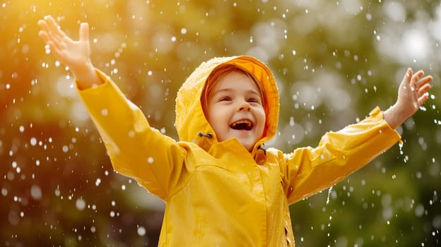 Happy child in yellow raincoat enjoying rain. Neural network generated image. Not based on any actual person or scene.