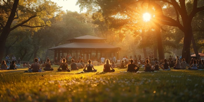 Group of adults attending a yoga class outside in park with natural background.