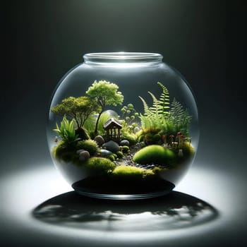 Stylish Glass jar terrarium holds a tiny Japanese garden, Studio shot. High quality photo