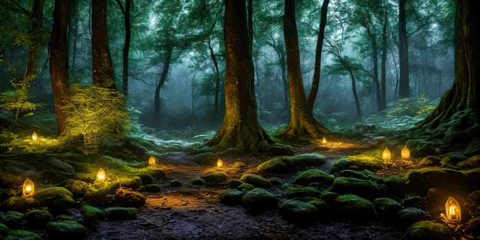 Moonlit Forest Glade. Amidst ancient trees, a moonbeam illuminates a hidden glade. Dew-kissed mushrooms glow softly, and fireflies dance in the night. Ethereal beauty of this mystical meeting place.