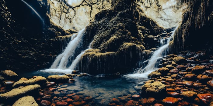 Enchanted Waterfall. A waterfall cascades down moss-covered rocks, revealing a secret grotto behind its veil. Crystal-clear water sparkles with hints of magic, and colorful flowers bloom along the banks.