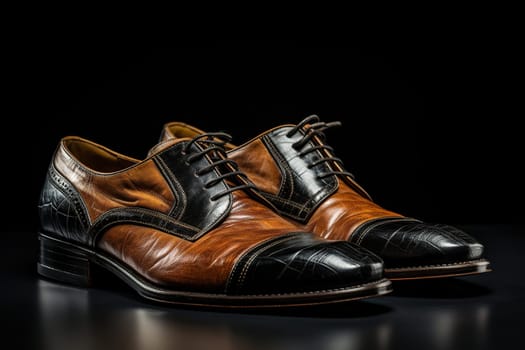 Fashionable men's leather shoes. Shoes made of black and brown leather on a black background.