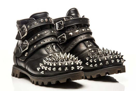 Black leather boots with spikes and punk style buckles.