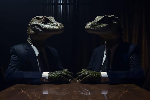 Two reptile men in business suits sitting at the table in dark room, secret world government concept. Neural network generated image. Not based on any actual scene or pattern.