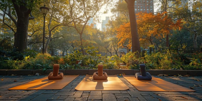 Group of adults attending a yoga class outside in park with natural background.