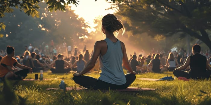 Group of adults attending a yoga class outside in park with natural background.