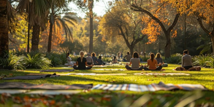 Group of adults attending a yoga class outside in park with natural background.