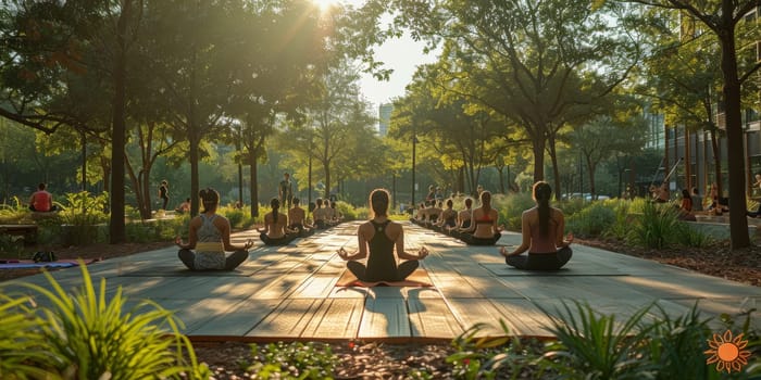 Group of adults attending a yoga class outside in park with natural background.