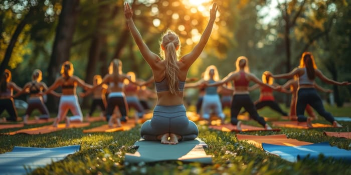 Group of adults attending a yoga class outside in park with natural background.