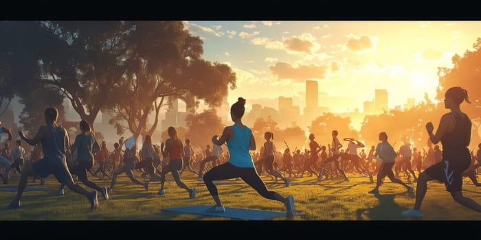 Group of adults attending a yoga class outside in park with natural background.