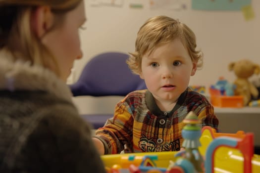 A toddler gazes with curiosity at an adult while surrounded by colorful toys, capturing a moment of early learning and interaction. The warm indoor setting creates an atmosphere of nurturing and exploration