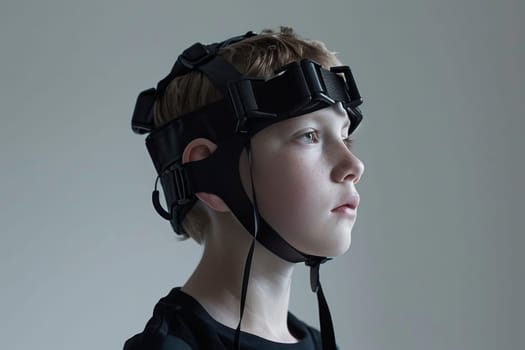 A young boy gazes forward wearing an advanced head-mounted display, signifying the cutting-edge of wearable technology in cognitive development. The focused expression suggests deep engagement with the tech