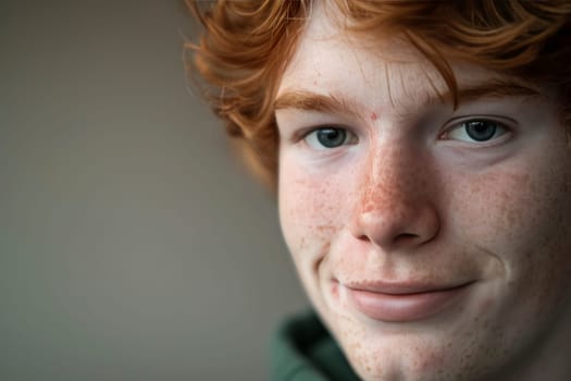 Close-up portrait of a smiling young person with red hair and freckles. The individual's clear blue eyes convey a sense of calm and happiness