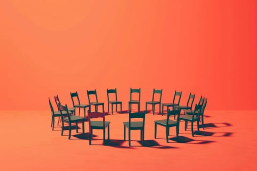 A minimalistic illustration depicts a circle of empty chairs, casting long shadows. The composition suggests themes of community, absence, and contemplation.