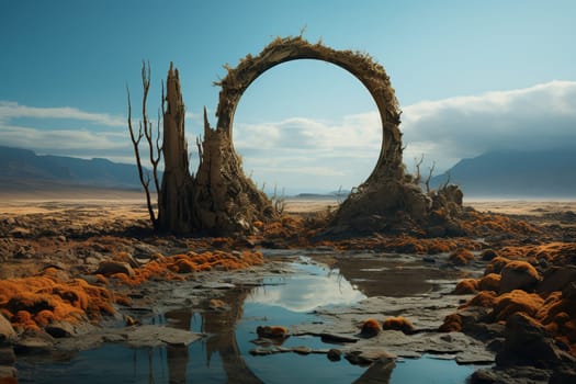 A round natural portal in the middle of a wasteland.
