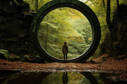 Round portal in a green forest.