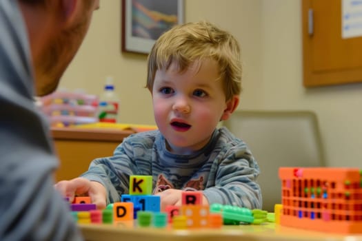 A young child focused on a developmental screening test, interacting with colorful building blocks. The candid moment captures the essence of early learning and exploration.