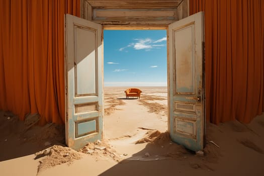 An old abandoned room in the sand in the middle of the desert. An open door to the desert.