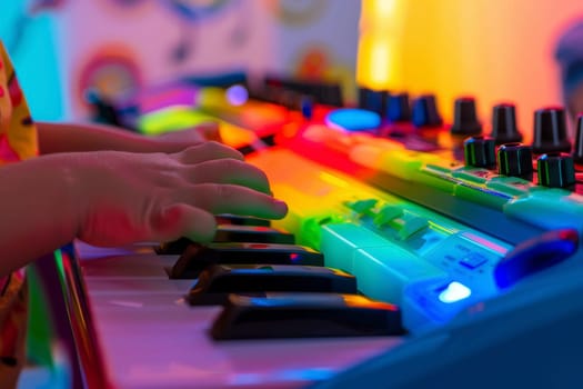 A child's hand presses down on the vibrant keys of an electronic keyboard. The image captures the joy and exploration of music through colorful light and sound