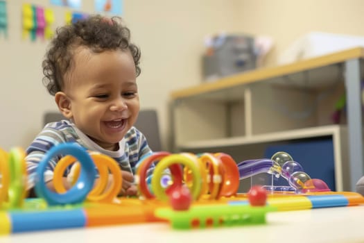 A young child laughs joyously during an early intervention play session, surrounded by educational toys. The bright room setting underscores the joy and vibrancy of early education.