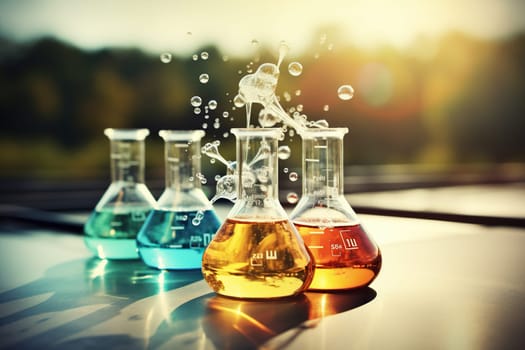 Glass test tubes with liquids for chemical research.