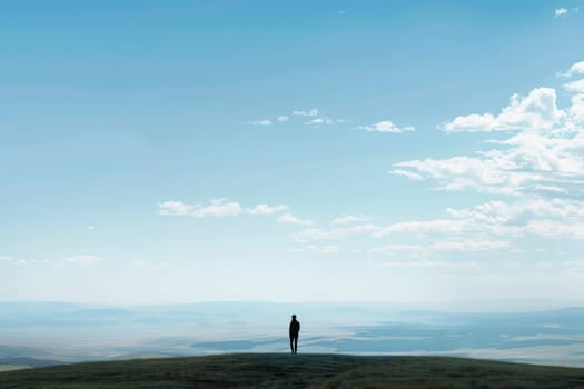 A lone individual stands atop a hill, gazing into the distance under a vast, clear sky. The immense openness speaks to the concept of freedom and the smallness of our place in the vast world.