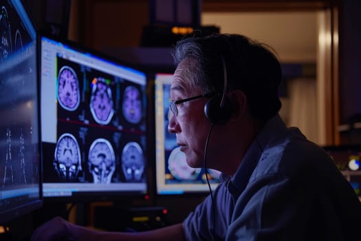 A focused neuroscientist examines detailed brain imaging scans, searching for insights into the human mind. The dark room illuminates the multiple screens, highlighting the intersection of healthcare and technology