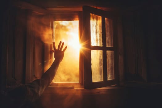 A person reaches towards a brightly lit window, the dawn light piercing the room's shadows. It's a metaphor for hope and new beginnings