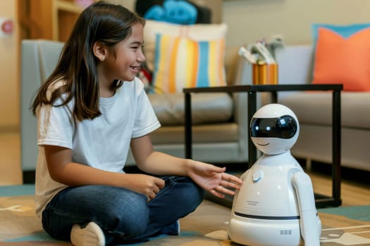 A young girl sits in a classroom setting, focused on a white humanoid robot. This interaction showcases the use of robotics in therapeutic settings for children