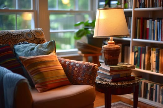 A warm and inviting reading nook adorned with a plush armchair, vibrant cushions, and a lamp, nestled beside a window and a shelf brimming with books. The evening glow adds a tranquil atmosphere