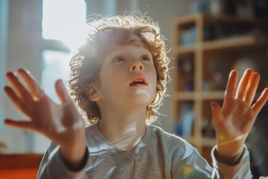 A curly-haired child gazes with curiosity and wonder, illuminated by the gentle rays of sunlight streaming through a window. The soft indoor light plays on the features, highlighting a sense of awe.