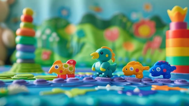 A vibrant display of educational toys arranged on a playmat, designed to stimulate learning. The toys offer a variety of shapes and colors to engage young minds