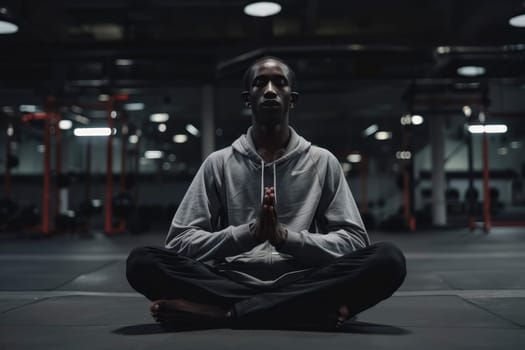 A person sits in a lotus pose in a dimly lit gym, embodying tranquility amidst a backdrop of exercise equipment. The contrast highlights a peaceful mind in a space dedicated to physical strength