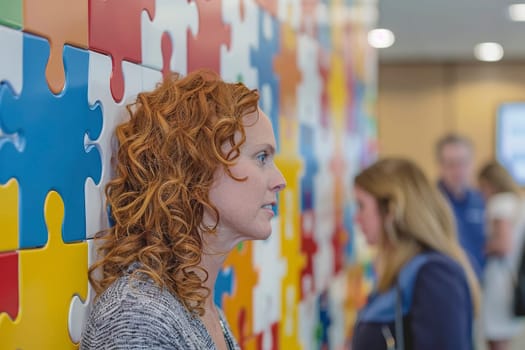 A thoughtful woman participates in an autism awareness event, surrounded by a colorful puzzle wall. The image captures personal engagement in a larger social cause