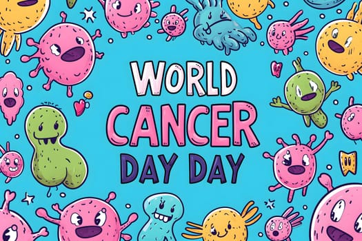 Simple cartoon world cancer day background with the inscription on it, surrounded with colorful happy tumors. Neural network generated image. Not based on any actual scene or pattern.