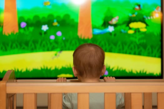 The kid stared at the big TV screen. Concept of knowledge of the world.